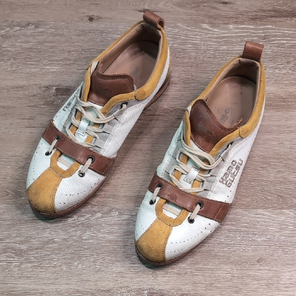 Brown and White Leather Sneakers with Moccasin Toe